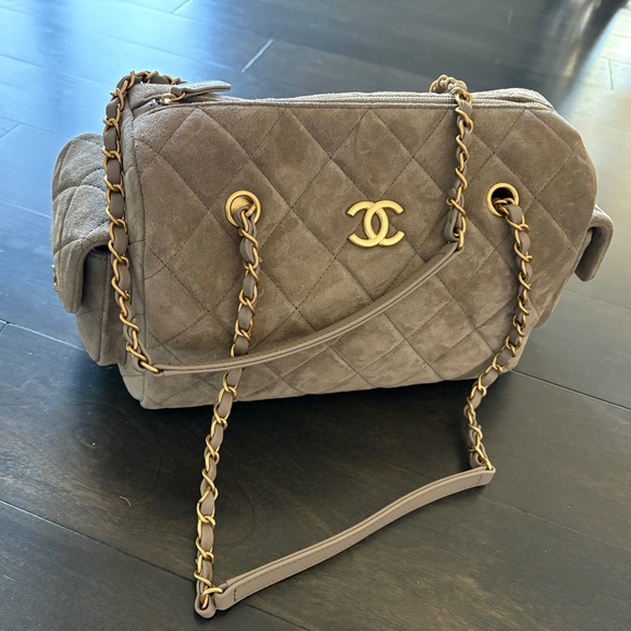 CHANEL- Authentic Brand New Bowling Bag- gray suede with gold metal - Picture 1 of 5